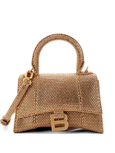 Pre-owned Balenciaga Hourglass Top Handle Bag Suede With Crystals Xs Crossbody Bag In Gold