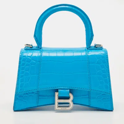 Pre-owned Balenciaga Hourglass Xs Blue Croc Embossed Leather Top Handle Bag