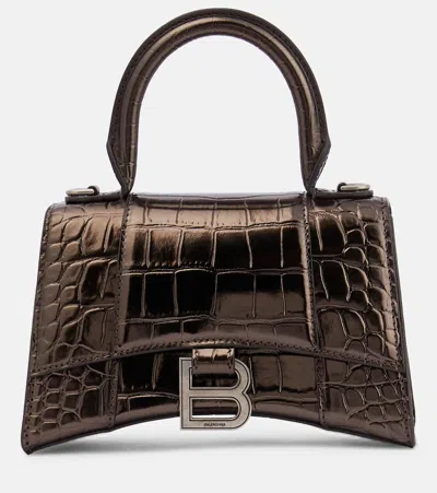 Balenciaga Hourglass Xs Croc-effect Leather Tote Bag In Dark Bronze