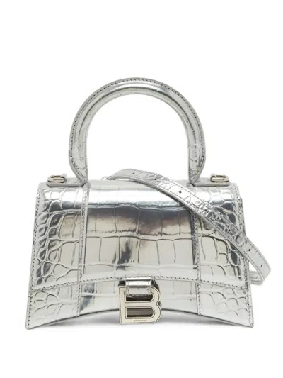 Pre-owned Balenciaga Hourglass Xs Croc-embossed Handbag In Silver