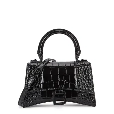 Balenciaga Hourglass Xs Crocodile-effect Top Handle Bag, Black In Burgundy