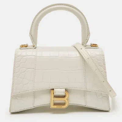 Pre-owned Balenciaga Hourglass Xs Off White Croc Embossed Leather Top Handle Bag