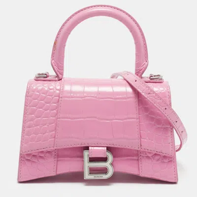 Pre-owned Balenciaga Hourglass Xs Pink Croc Embossed Leather Top Handle Bag