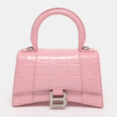 Pre-owned Balenciaga Hourglass Xs Pink Croc Embossed Leather Top Handle Bag In White