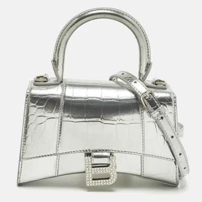 Pre-owned Balenciaga Hourglass Xs Silver Croc Embossed Leather Top Handle Bag