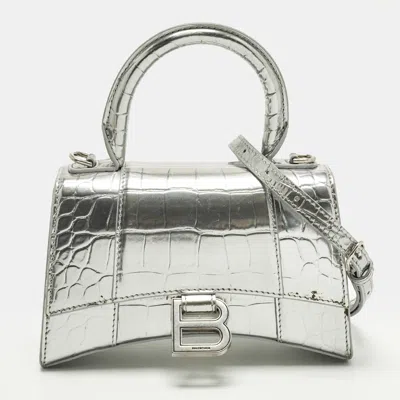 Pre-owned Balenciaga Hourglass Xs Silver Croc Embossed Patent Leather Top Handle Bag