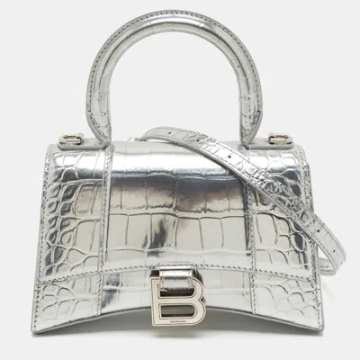 Pre-owned Balenciaga Hourglass Xs Silver Croc Embossed Patent Leather Top Handle Bag