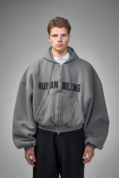 Balenciaga Human Being Round Zip-up Hoodie In Gray