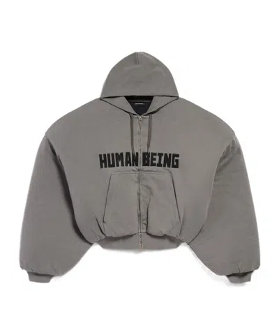 Balenciaga Human Being Round Zip-up Hoodie In Dark Gray