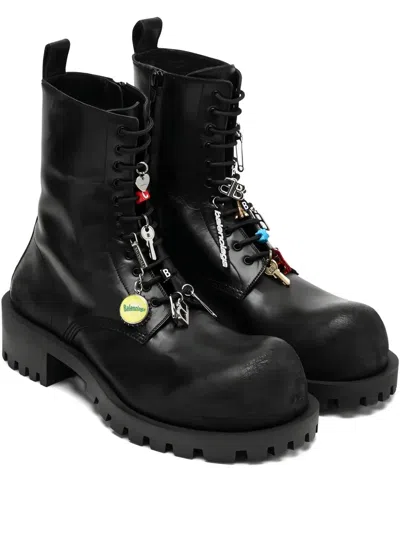 Balenciaga Black Leather Hummer Lace-up Ankle Boots In Animal Print