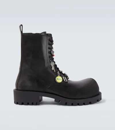 Balenciaga Black Leather Hummer Lace-up Ankle Boots In Animal Print