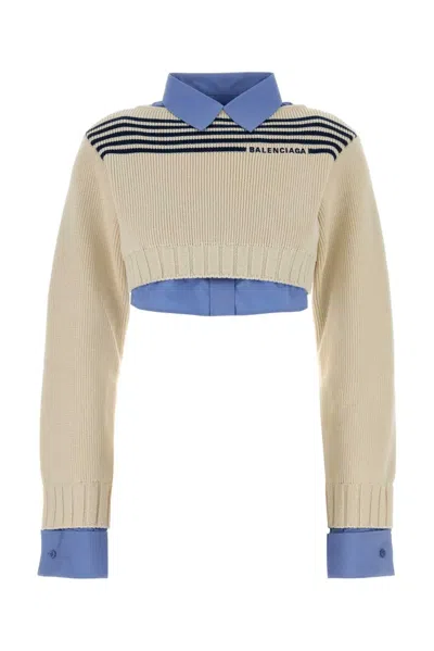 Balenciaga Striped Cotton With Contrasting Collar Sweater In Neutral