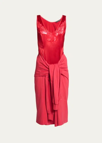 Balenciaga Hybrid Lace Tie-waist Slip Midi Dress In Rouge