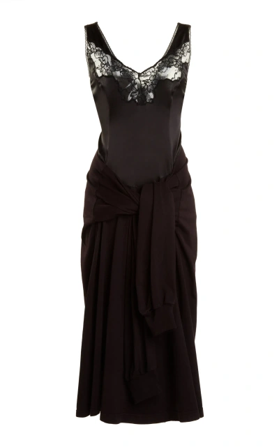 Balenciaga Hybrid Lace-trimmed Satin And Crepe Midi Slip Dress In Black