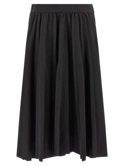 Balenciaga Denim And Black Hybrid Pleated Skirt In Brown