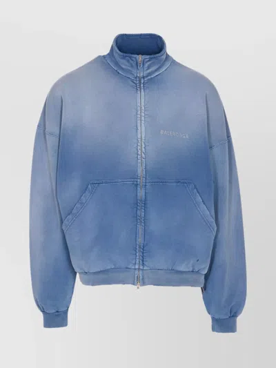 Balenciaga Iii High Collar Ribbed Cuffs Jacket In Blue