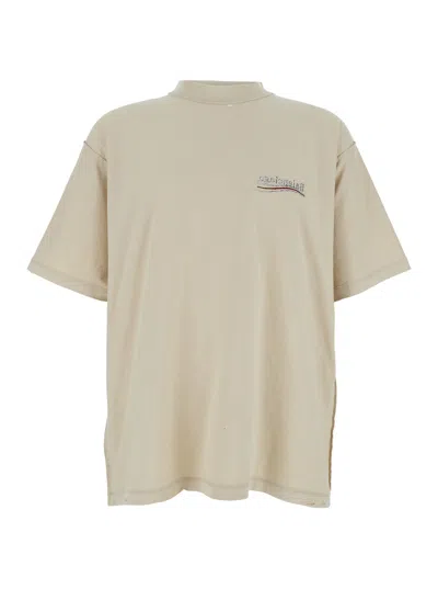 Balenciaga Inside-out Beige Crewneck T-shirt With Embroidered Logo On The Chest And Maxi Logo On The Back In Co In Neutral