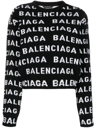 Balenciaga Women Allover Logo Wool Cropped Sweater In Black