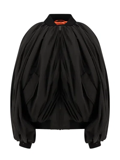 Balenciaga Draped Black Bomber Jacket In Technical Micro-faille