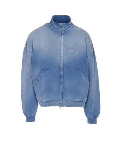 Balenciaga Distressed Logo Zip-up Sweatshirt In Blue