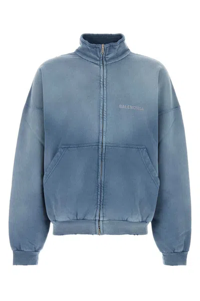 Balenciaga Distressed Logo Zip-up Sweatshirt In Blue