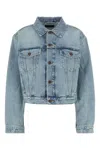 Balenciaga Light Blue Cropped Jacket With Logo Patch At The Back In Cotton Denim Woman In Blue