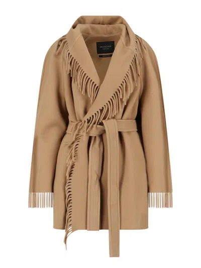 Balenciaga Belted Fringed Wool Jacket In Beige