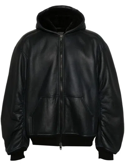 Balenciaga Hooded Leather Bomber Jacket In Black