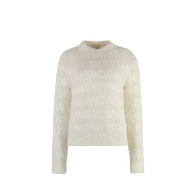Balenciaga Jacquard Logo Sweater With Comfortable Crew Neck In Neutral