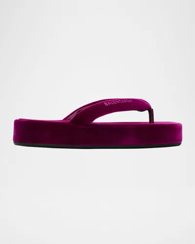 Balenciaga Jet Lag Stretch Velvet Platform Thong Sandals In Purple