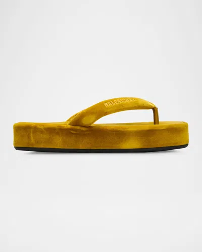 Balenciaga Jet Lag Stretch Velvet Platform Thong Sandals In Brown