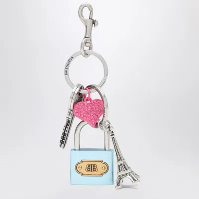 Balenciaga Keychain With Lock And Heart Of Crystals In Multicolor
