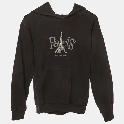 Pre-owned Balenciaga Kids Black Paris Embroidered Cotton Knit Hoodie 8 Yrs