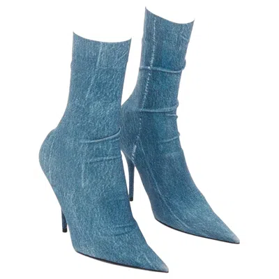 Pre-owned Balenciaga Knife Blue Denim Trompe Loeil Pointy Heeled Boots Eu36