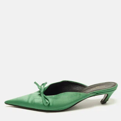 Pre-owned Balenciaga Knife Size 35.5 Green Satin Bow Pointed Toe Mules