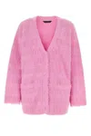 Balenciaga Pink Cardigan With All-over Logo Motif In Wool Blend Woman In Pink