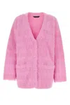 Balenciaga Pink Cardigan With All-over Logo Motif In Wool Blend Woman In Pink