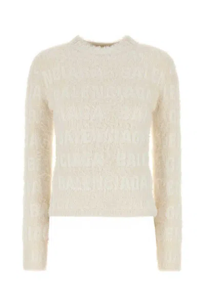 Balenciaga Jacquard Logo Sweater With Comfortable Crew Neck In Neutral