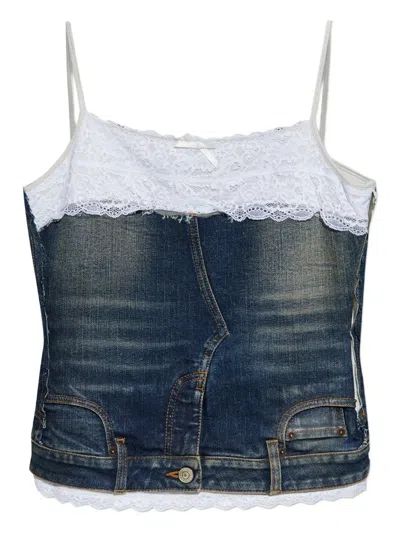 Balenciaga Denim Top With Lace Trim And Rhinestone Embellishments In Black
