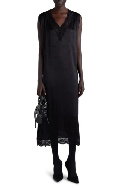 Balenciaga Lace Trim Sleeveless Silk Jacquard Dress In Black