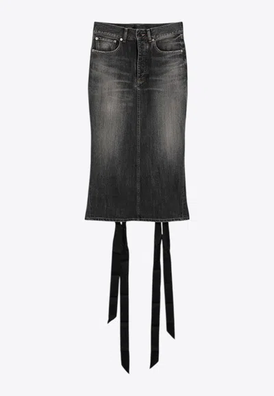 BALENCIAGA LACE-UP FADED MIDI DENIM SKIRT