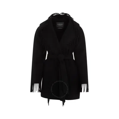 Balenciaga Fringed-edge Hooded Cardi-coat In Black