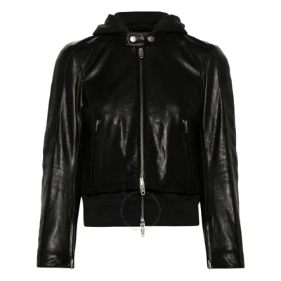 BALENCIAGA BALENCIAGA LADIES BLACK LAYERED-DETAIL RACER LEATHER JACKET
