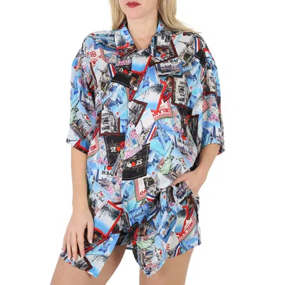 Balenciaga Ladies Mix Postcard All-over Print Minimal Shirt In Blue