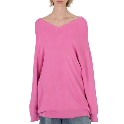 Balenciaga Ladies Pink Oversized V-neck Knit Sweater