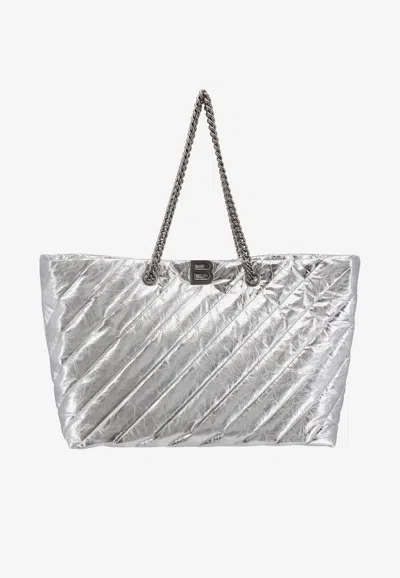 Balenciaga Large Crush Quilted Leather Tote Bag In Silver