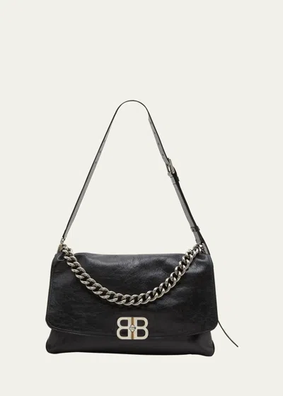 Balenciaga Large Flap Leather Shoulder Bag In Black