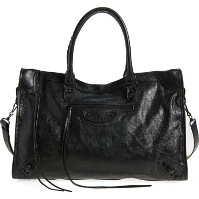 Balenciaga Large Le City Crinkled Leather Tote In Black