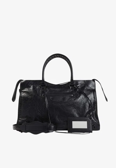 Balenciaga Large Le City Handbag In Crinkled Leather In Black