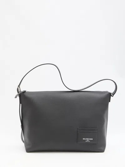 Balenciaga Flat Strap Leather Shoulder Bag Card Slots In Black